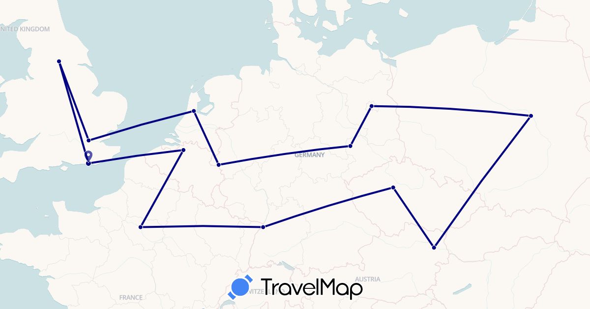 TravelMap itinerary: driving in Austria, Belgium, Czech Republic, Germany, France, United Kingdom, Netherlands, Poland (Europe)